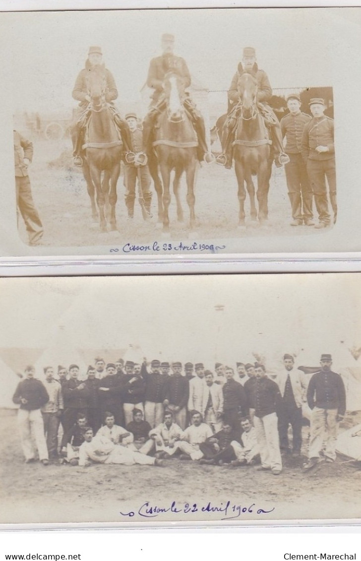 CAMP DE SISSONNE (CISSON?) : Lot De 2 Cartes Photos De Militaires Se Rendant Aux Grèves De 1906 (texte Très Interessant) - Sissonne