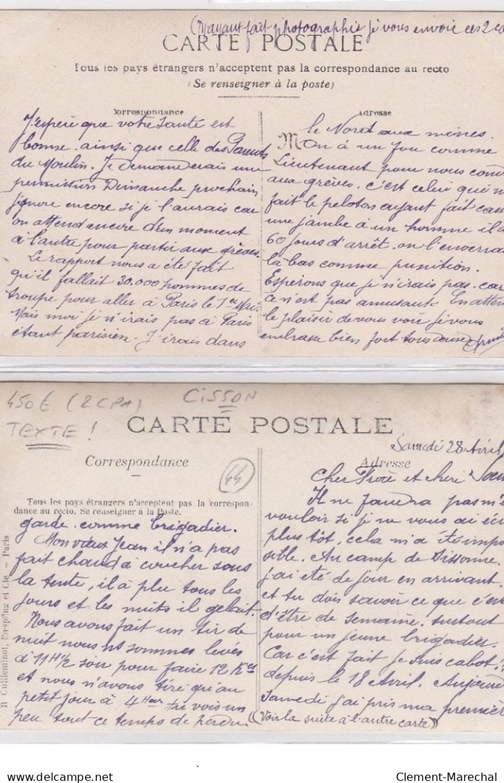 CAMP DE SISSONNE (CISSON?) : Lot De 2 Cartes Photos De Militaires Se Rendant Aux Grèves De 1906 (texte Très Interessant) - Sissonne