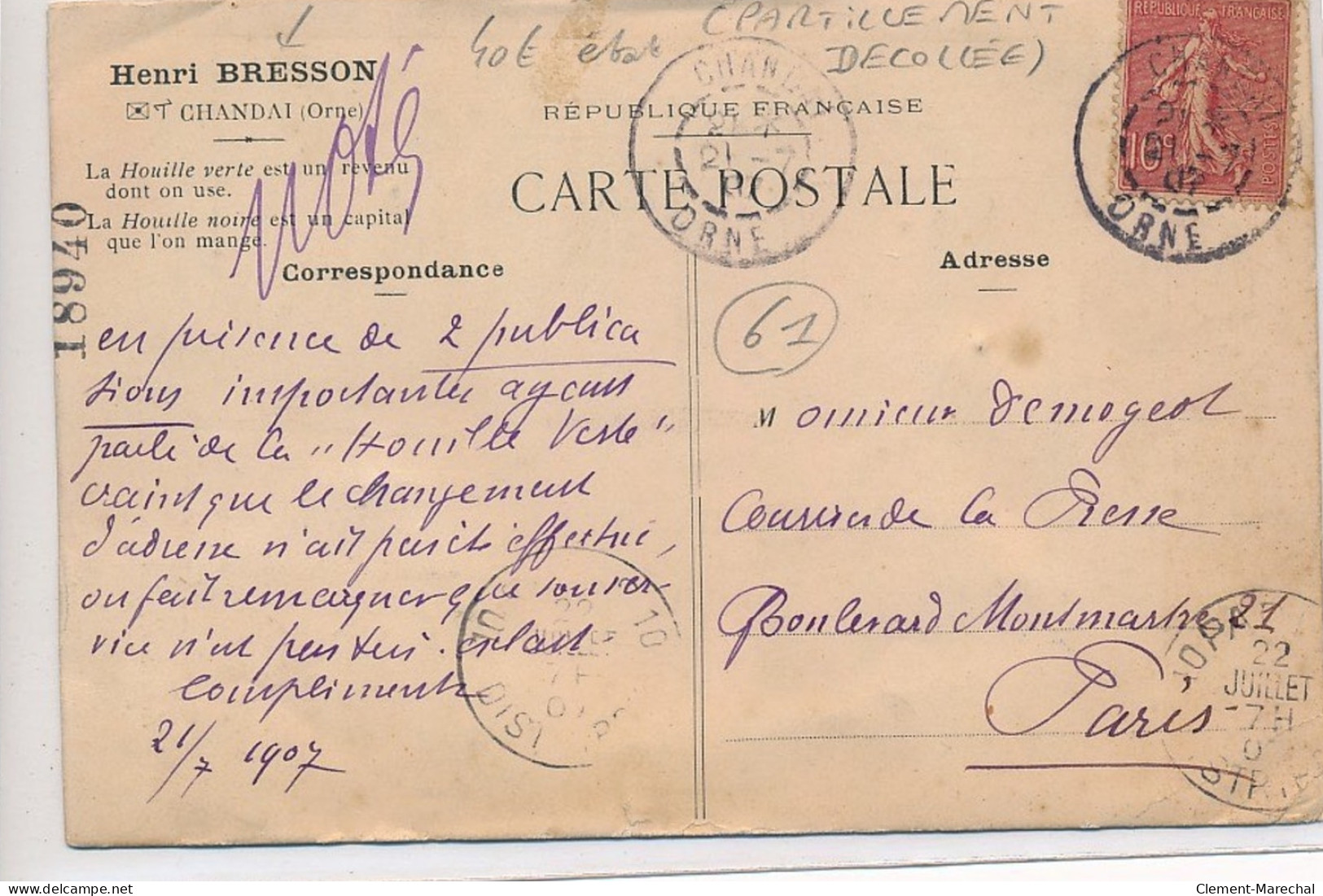 CHANDAI : Henri Bresson, Le Premier Pavillon Hydro-electrique Des Musselins (houille Verte) - état (parti. Décollée) - Autres & Non Classés