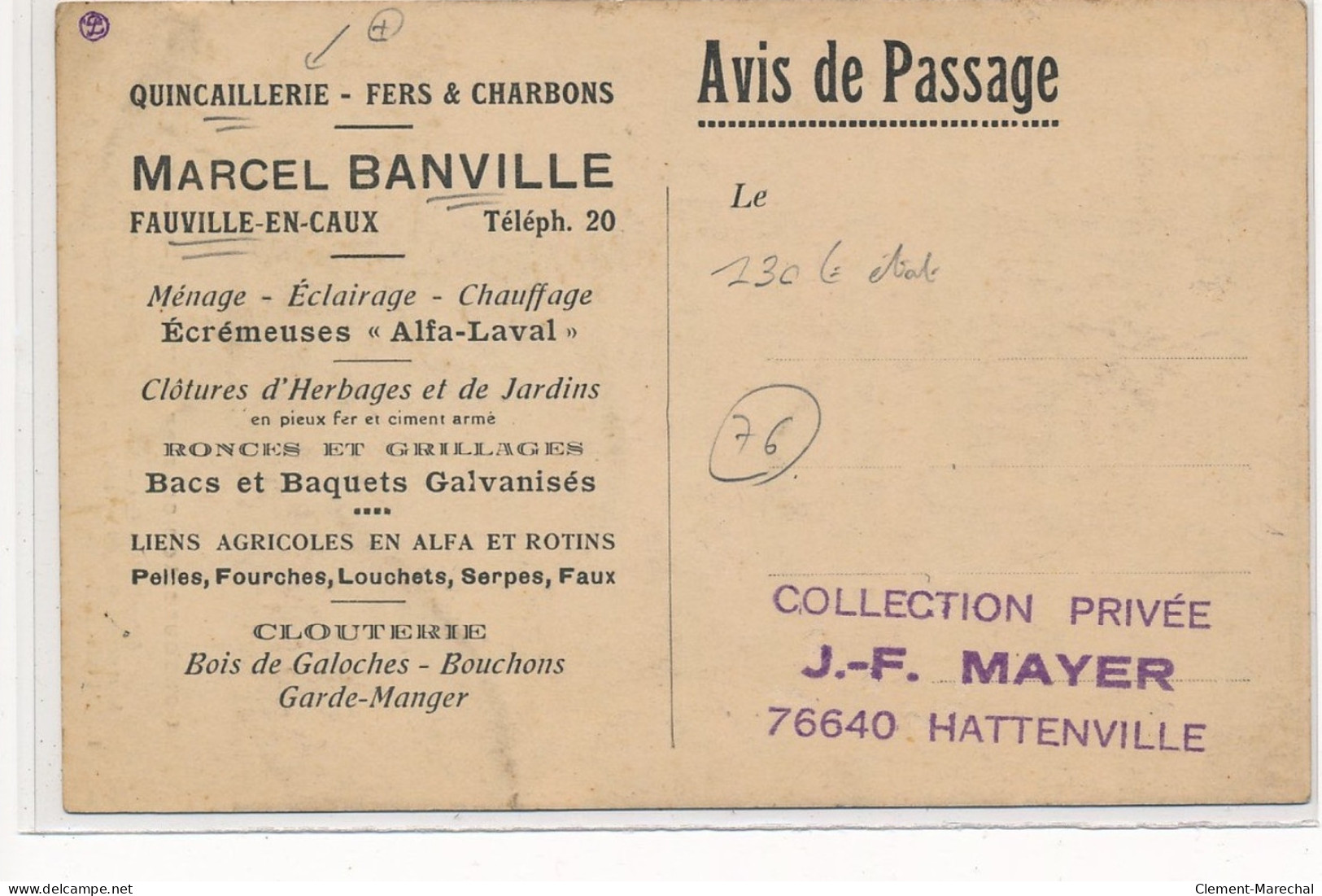 FAUVILLE-en-CAUX : Quincaillerie, Fers & Charbons Marcel Banville - Etat - Other & Unclassified