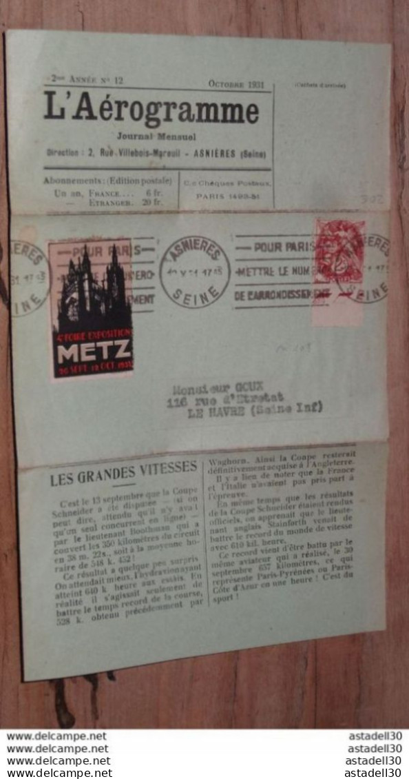 L'AEROGRAMME, Octobre 1931 + Vignette De METZ  ............ Q-.... CL-5-6 - 1927-1959 Lettres & Documents