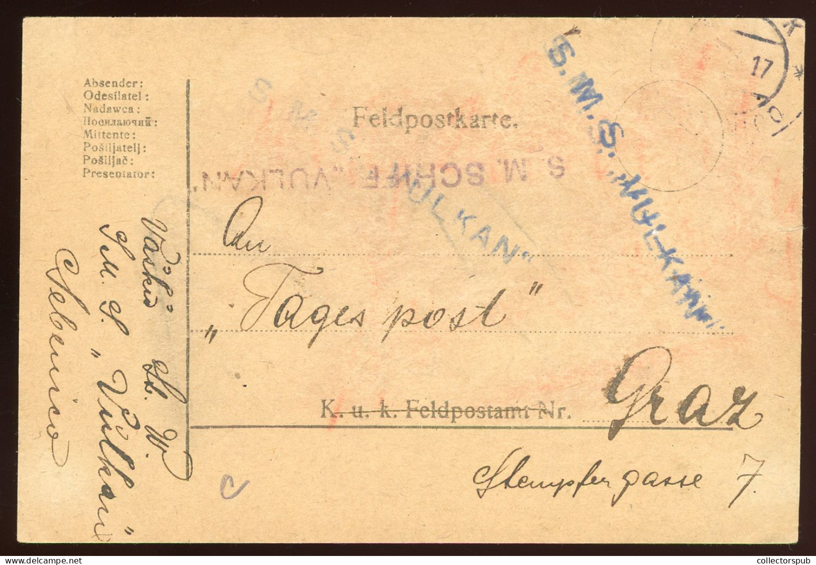 WWI Postcard With Vulkan Rare  Warship Cancellation - Unused Stamps