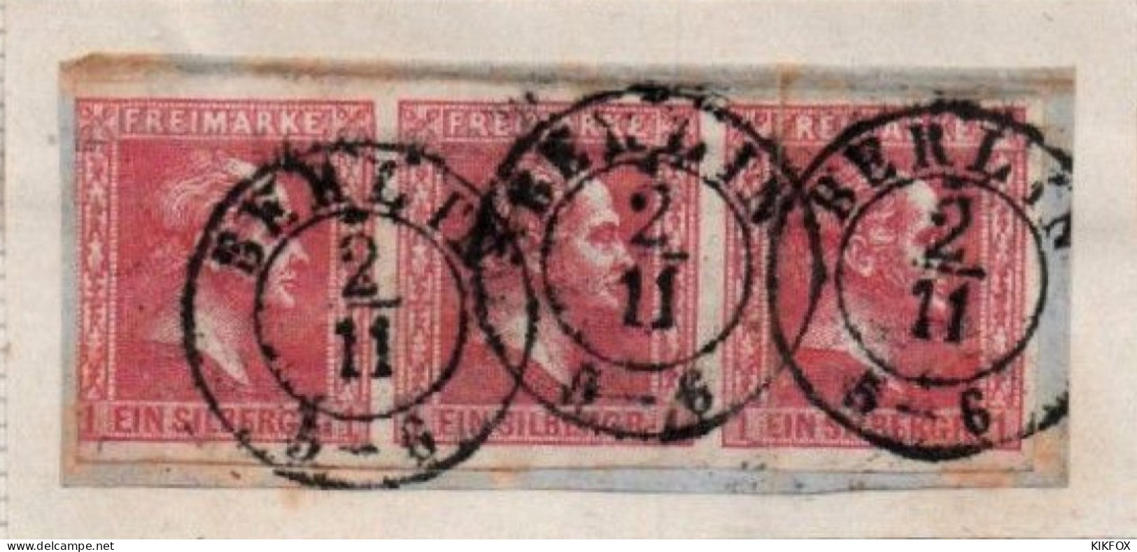 ALTDEUTSCHLAND , PREUSSEN, 1858, MI 10, 1 SGR, DREIERSTREIFEN  KÖNIG FRIEDRICH WILHELM LV, GESTEMPELT, OBLITERE, BERLIN - Usados