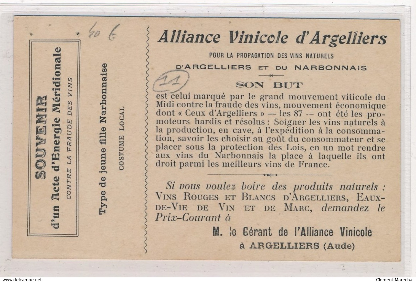 ARGELLIERS : Alliance Vinicole D'argelliers, Rayon De L'octroi, Narbonne - Tres Bon Etat - Andere & Zonder Classificatie