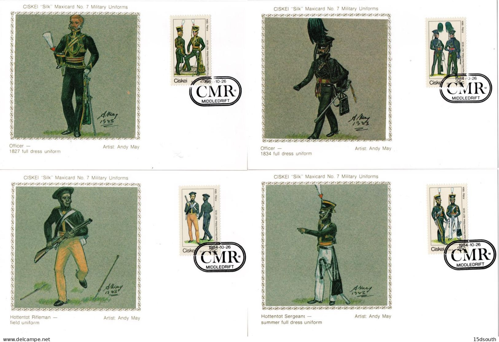 Ciskei - 1984 British Military Uniforms Silk Maxi Card Set # SG 64-68 , Mi 65-69 - Militares