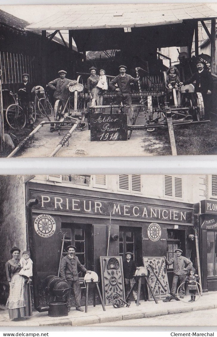 BRAY SUR SEINE : Lot De 2 Cartes Photo De L'atelier PRIEUR (mécanicien - Automobile) - Très Bon état - Bray Sur Seine