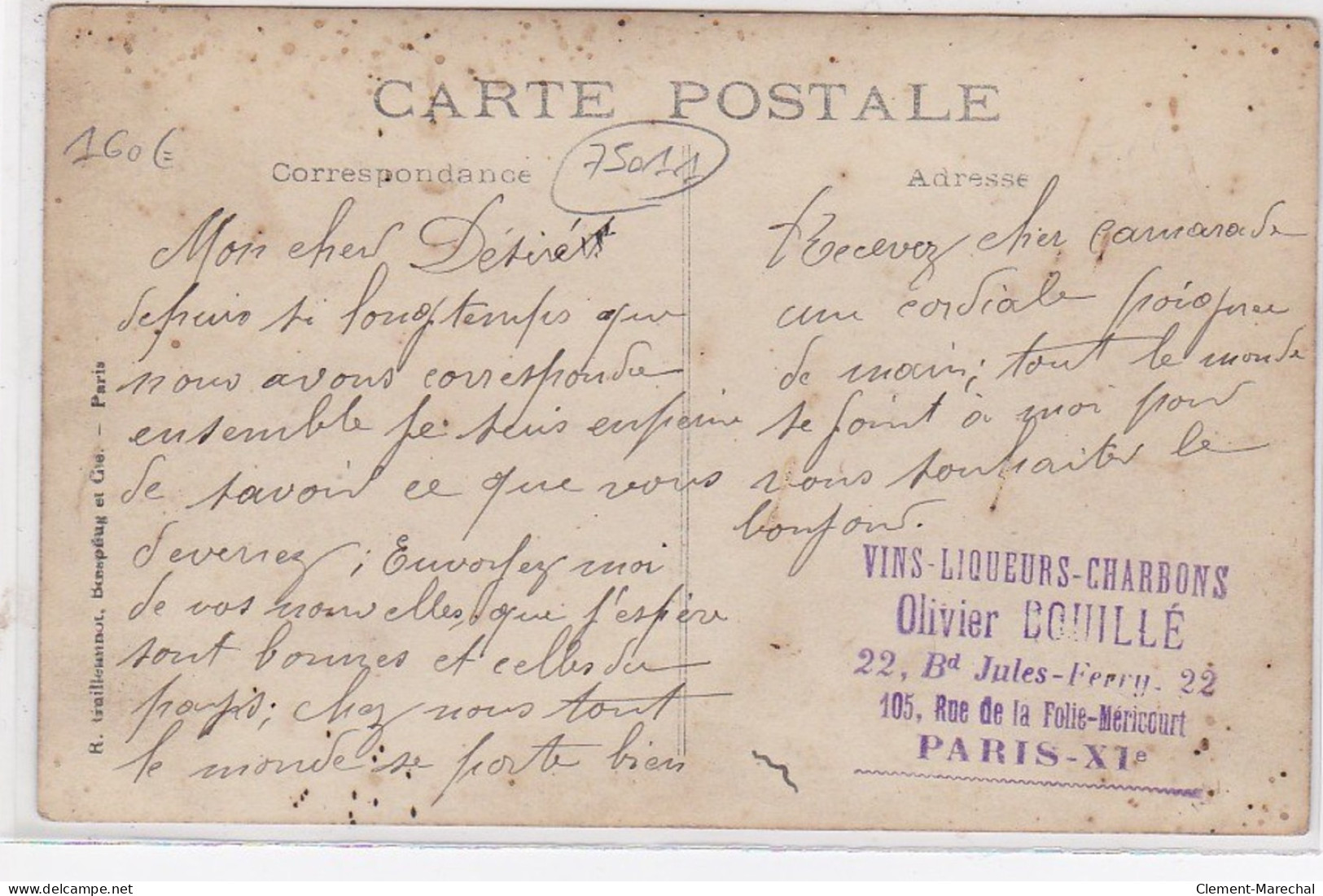 PARIS 11ème : Carte Photo Du Café BOUILLE Au 22 Boulevard Jules Ferry (vins Liqueurs Charbons) - Très Bon état - Distretto: 11