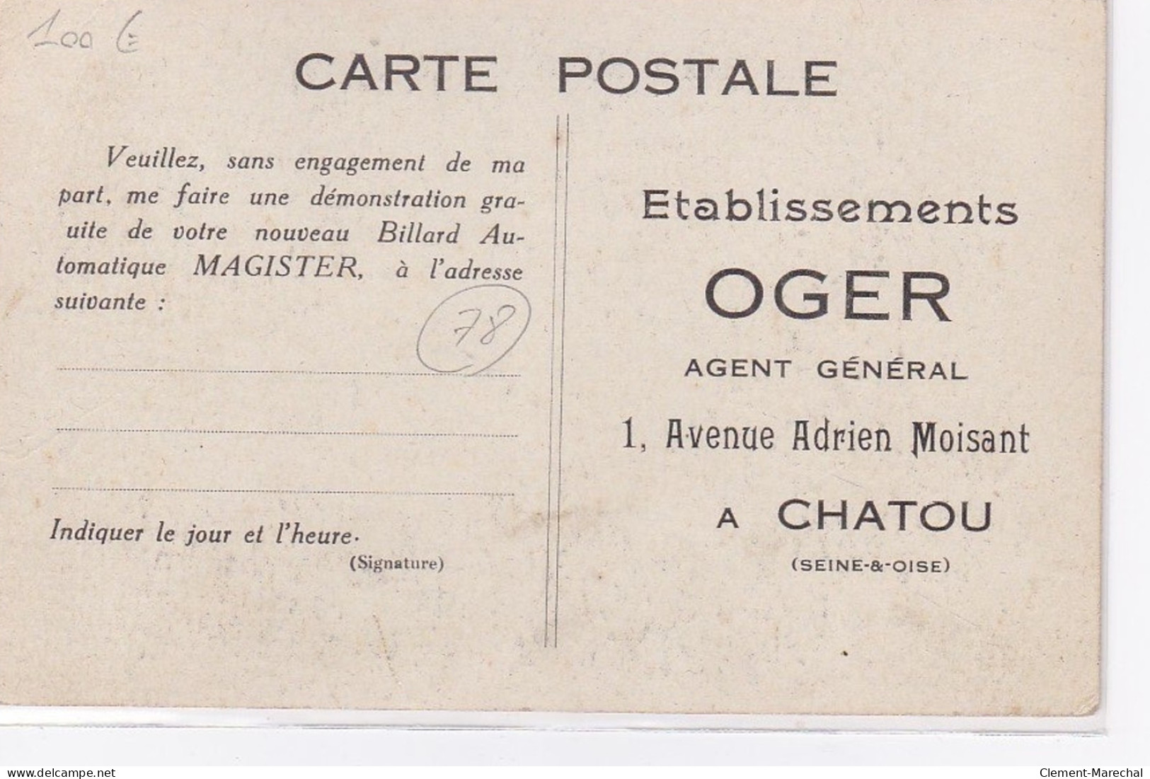 CHATOU : Carte Postale Publicitaire Des établissements OGER (billard - Jeux) - Très Bon état - Chatou