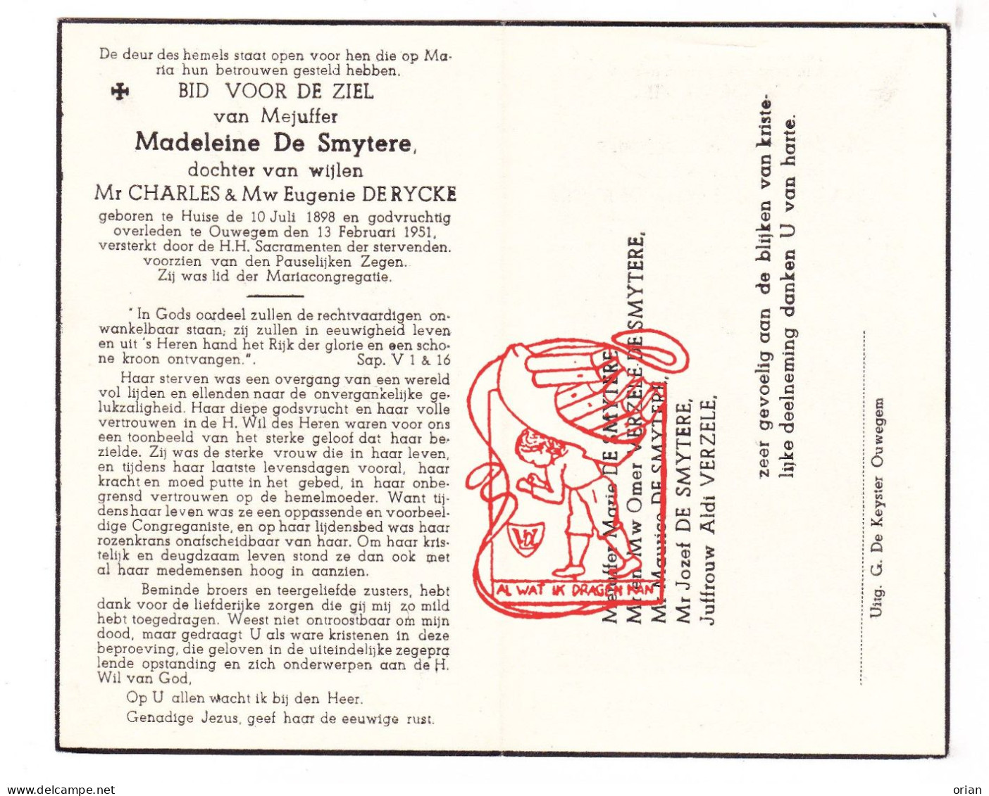 DP Madeleine De Smytere / De Rycke ° Huise Zingem 1898 † Ouwegem 1951 // Verzele - Images Religieuses