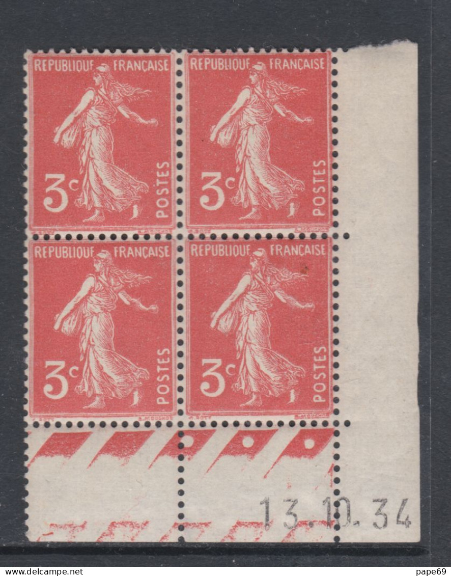 France N° 278A XX Type Semeuse : 3 C. Rouge-orange En Bloc De 4 Coin Daté Du 13 . 10 . 34 ; 3 Pts  Blancs, Sans Ch.,TB - 1930-1939