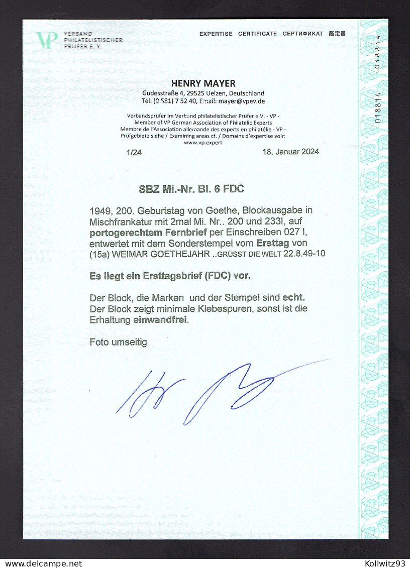 SBZ., Mi.-Nr. Block 6 U.a. Auf  Portorichtige FDC , FA. Mayer. - Other & Unclassified