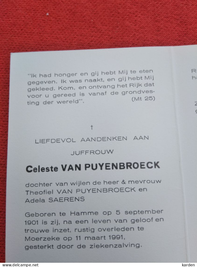 Doodsprentje Celeste Van Puyenbroeck / Hamme 5/9/1901 Moerzeke 11/3/1991 ( D.v. Theofiel Van Puyenbroeck En A. Saerens ) - Religion & Esotérisme