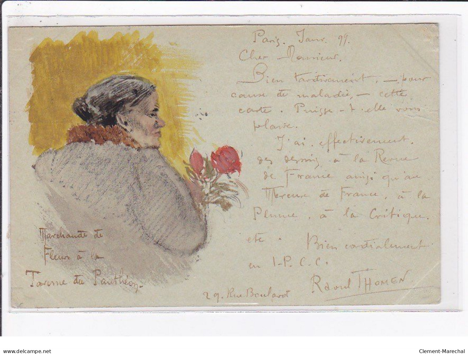 THOMEN Raoul : Carte Dessinée à La Main (Paris, Marchande De Fleurs à La Taverne Du Panthéon) - Bon état - Sonstige & Ohne Zuordnung