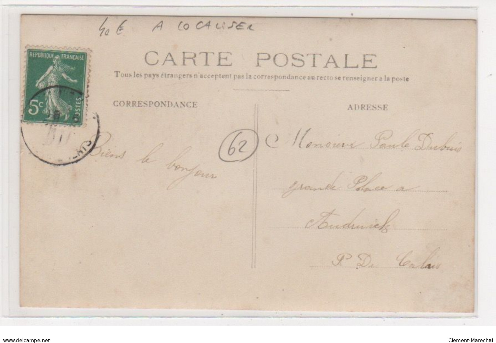 A LOCALISER : Carte Photo (cachet De Départ Du Pas De Calais) - Très Bon état - Other & Unclassified