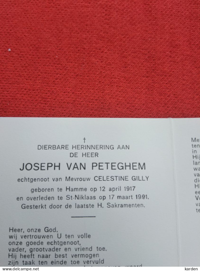 Doodsprentje Joseph Van Peteghem / Hamme 12/4/1917 Sint Niklaas 17/3/1991 ( Celestine Gilly ) - Religion & Esotérisme