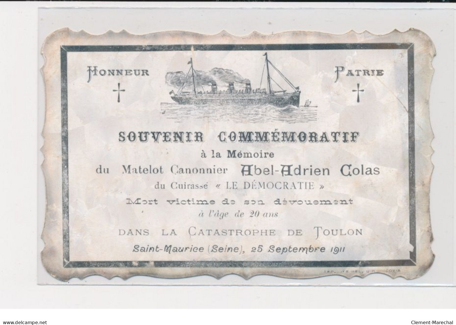 TOULON - Souvenir Commémoratif à La Mémoire Du Matelot Abel-Adrien Colas - Très Bon état - Toulon