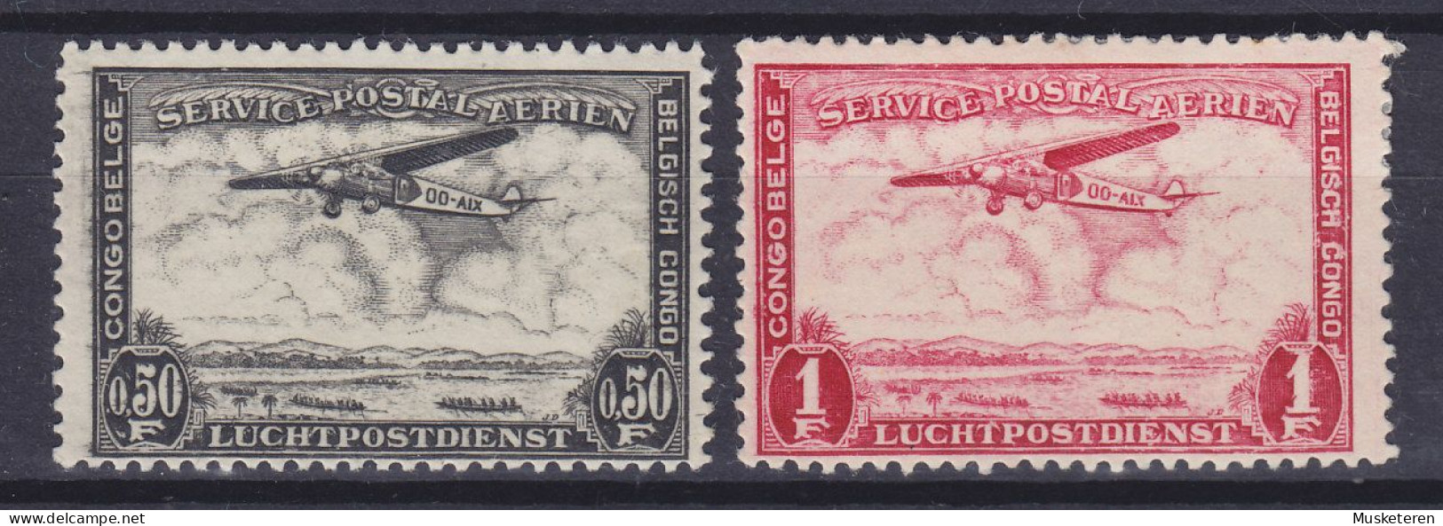 Belgian Congo 1934 Mi. 147-48, 0.50 Fr. & 1 Fr. Aeroplane Flugzeug Fokker F VII über Landschaft, MH* (2 Scans) - Ongebruikt