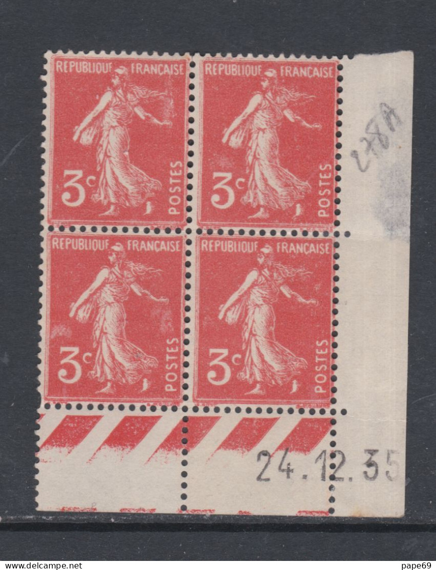 France N° 278A (.) Type Semeuse : 3 C. Rouge-orange En Bloc De 4 Coin Daté Du 24 . 12 . 35 ; Ss Point, Neuf Ss Gomme, TB - 1930-1939