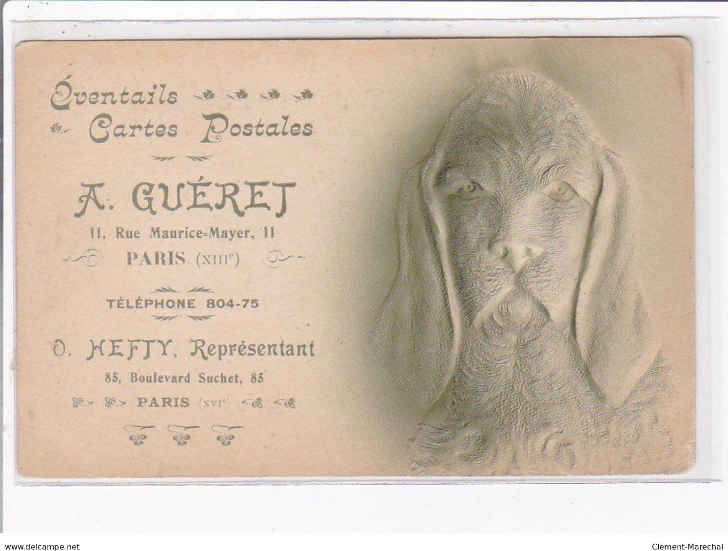 PUBLICITE  : Magasin D'évantails Et Cartes Postales GUERET à Paris (Hefty Représentant) (chien - Gaufrée) - état - Pubblicitari