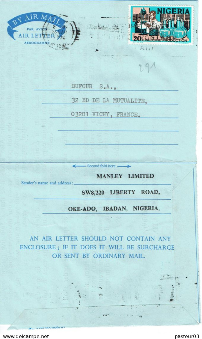 291 Nigéria 20 K Sur Lettre En Poste Aérienne Production Vaccins Thème Médecine - Nigeria (1961-...)