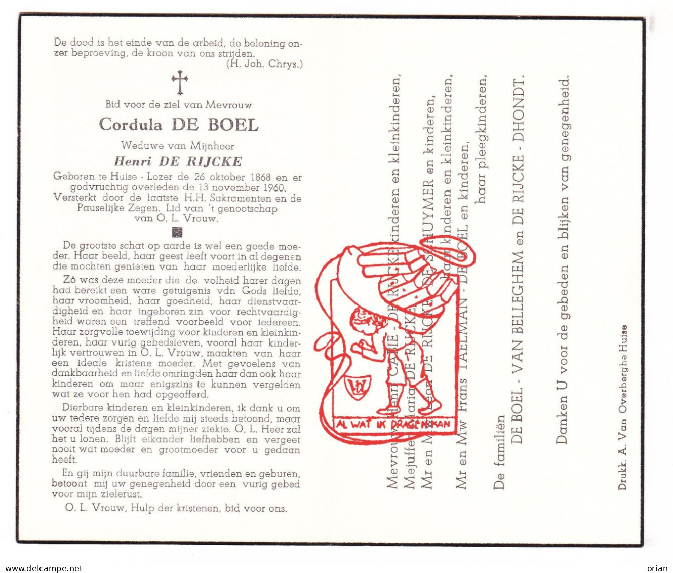DP Cordula De Boel ° Huise Lozer / Zingem 1868 † 1960 X Henri De Rijcke / Cabie De Schuymer Taelman Van Belleghem Dhondt - Devotieprenten