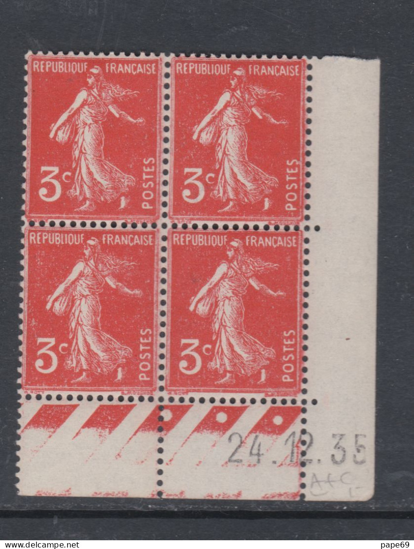 France N° 278A XX Type Semeuse : 3 C. Rouge-orange En Bloc De 4 Coin Daté Du 24 . 12 . 35 ; 3 Points, Sans Charnière, TB - 1930-1939