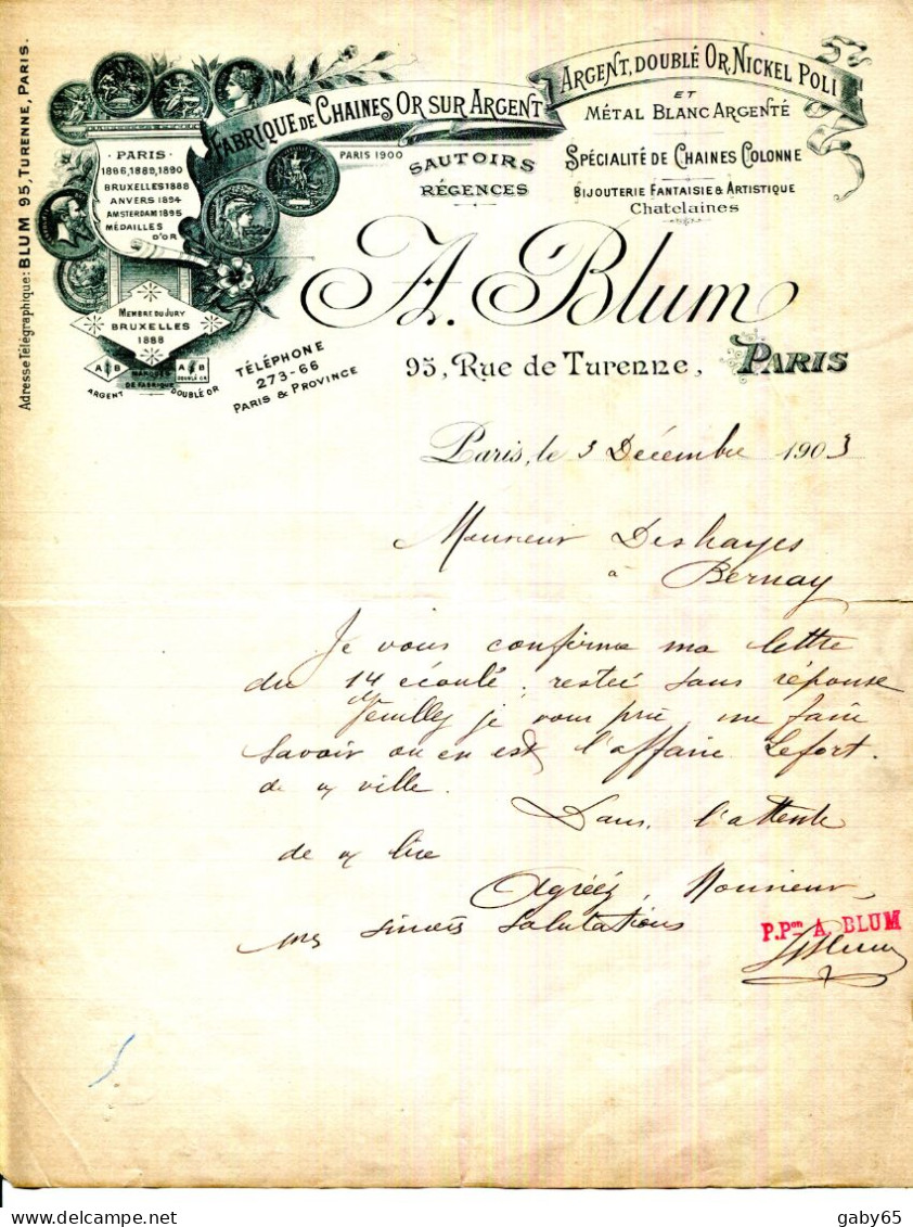 FACTURE.PARIS.FABRIQUE DE CHAINES OR SUR ARGENT.A.BLUM 95 RUE DE TURENNE. - Otros & Sin Clasificación