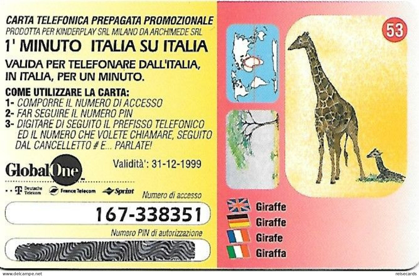 Italy: Prepaid GlobalOne - Save The Planet 53, Giraffe - Cartes GSM Prépayées & Recharges