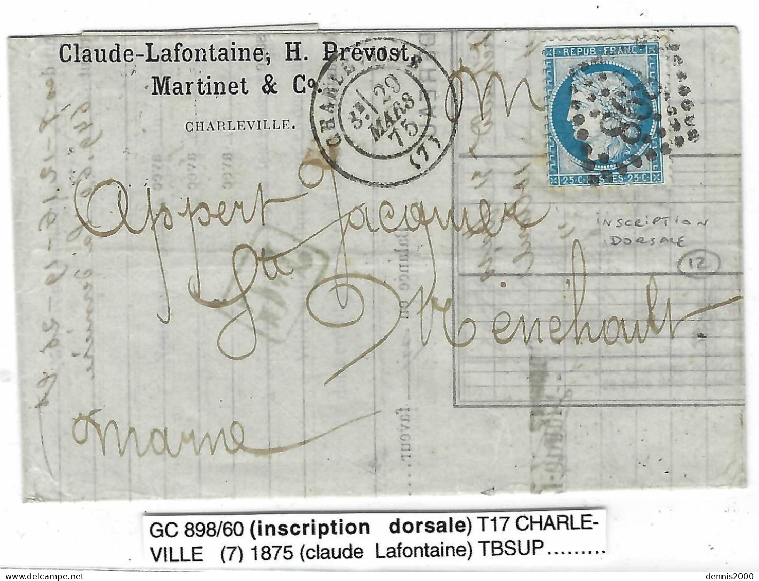 1875 - Lettre De CHARLEVILLE ( Ardennes ) Cad T17 Affr. N° 60 Oblit. G C 898 - 1849-1876: Période Classique