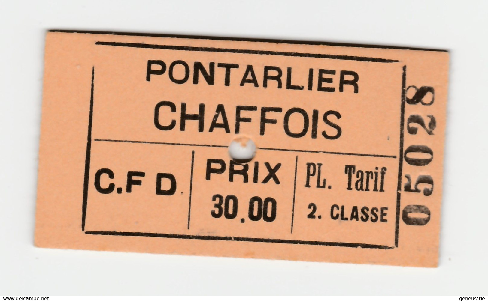Ticket De Tramway CFD (entre 1927 Et 1945) "Cie Des Chemins De Fer Du Doubs / Pontarlier - Chaffois 2e Classe" - Europa