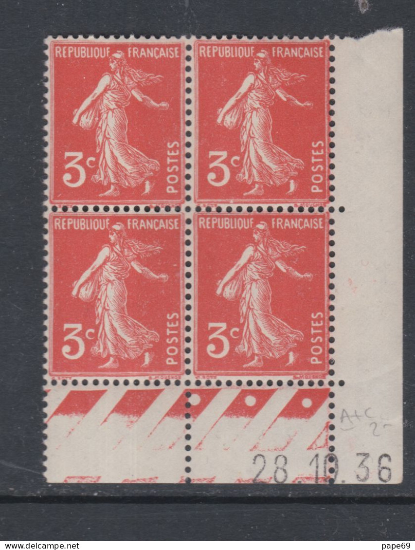 France N° 278A XX Type Semeuse : 3 C. Rouge-orange En Bloc De 4 Coin Daté Du 28 . 10 . 36 ; 3 Points, Sans Charnière, TB - 1930-1939