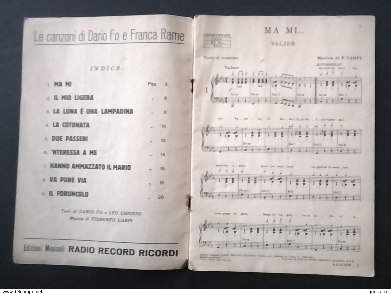 03925 "LE CANZONI DI DARIO FO E FRANCA RAME-ALBUM PROFESSIONALE -EDIZIONI MUSICALI RADIO RECORD RICORDI-MILANO" SPARTITO - Partitions Musicales Anciennes