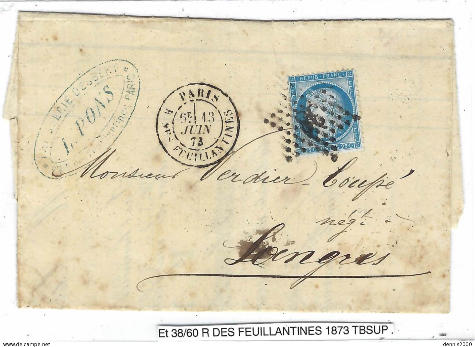 1873 - Lettre De PARIS / R.DES FEUILLANTINES Affr. N°60 Oblit. étoile 38 - 1849-1876: Classic Period