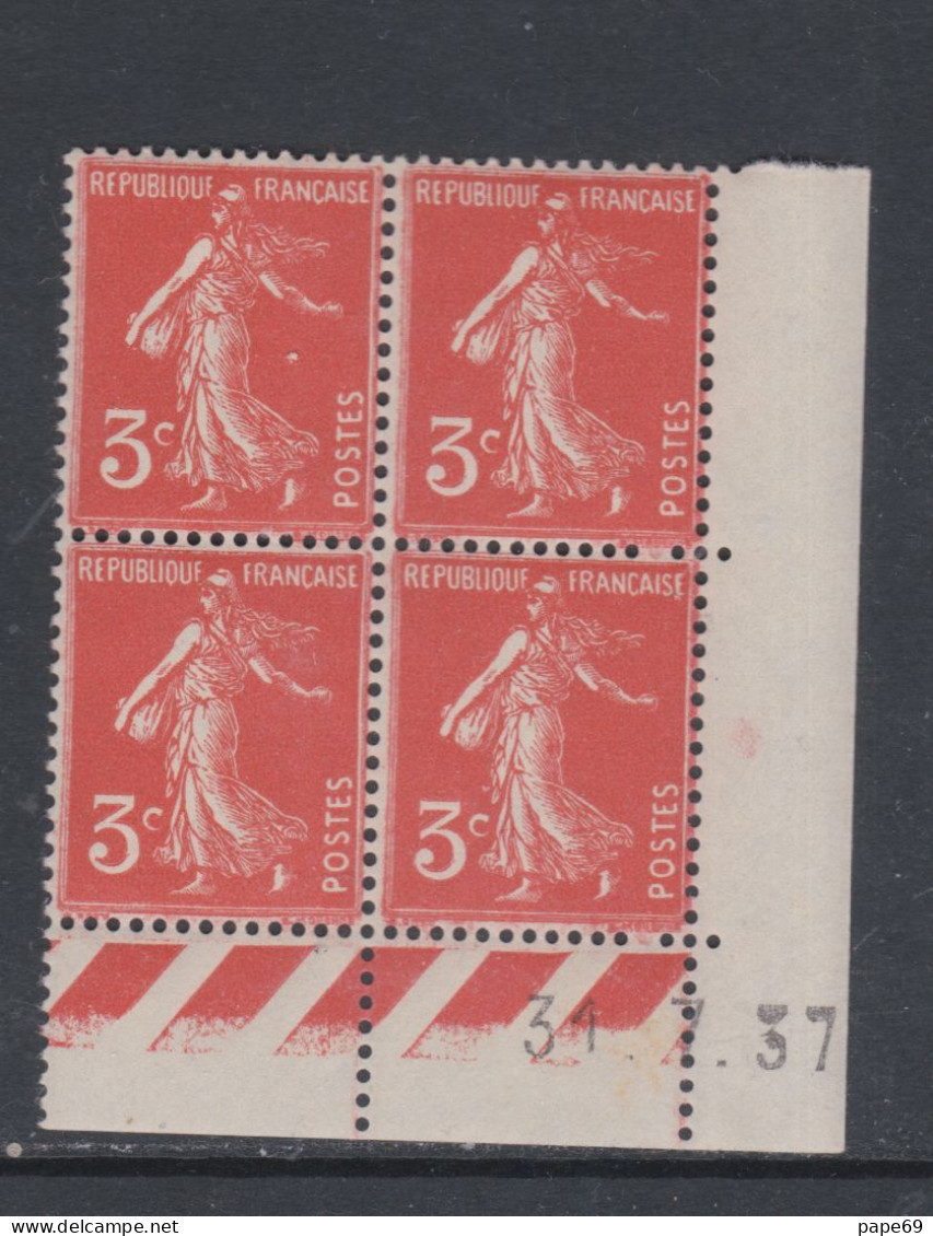 France N° 278A XX Type Semeuse : 3 C. Rouge-orange En Bloc De 4 Coin Daté Du 31 . 7 . 37 ; Ss Point, Sans Charnière, TB - 1930-1939