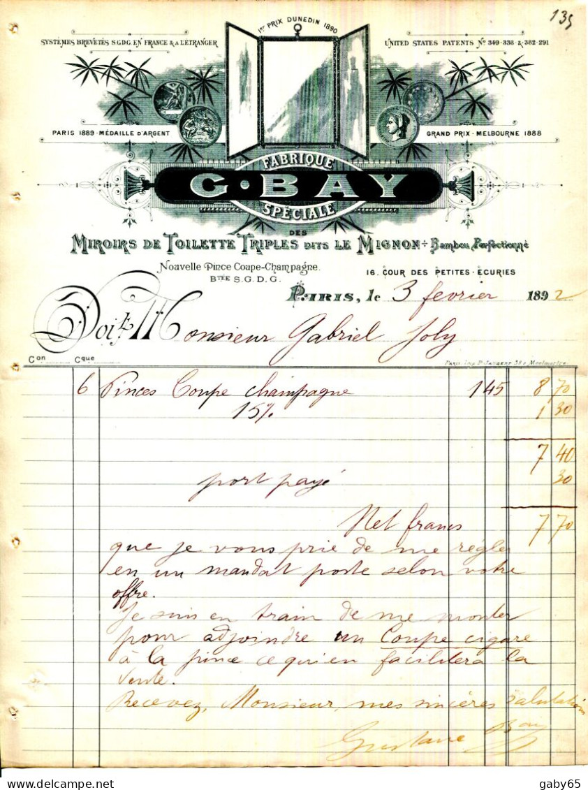 FACTURE.PARIS.FABRIQUE SPÉCIALE DE MIROIRS DE TOILETTE TRIPLES.G.BAY 18 COUR DES PETITES ÉCURIES. - Otros & Sin Clasificación