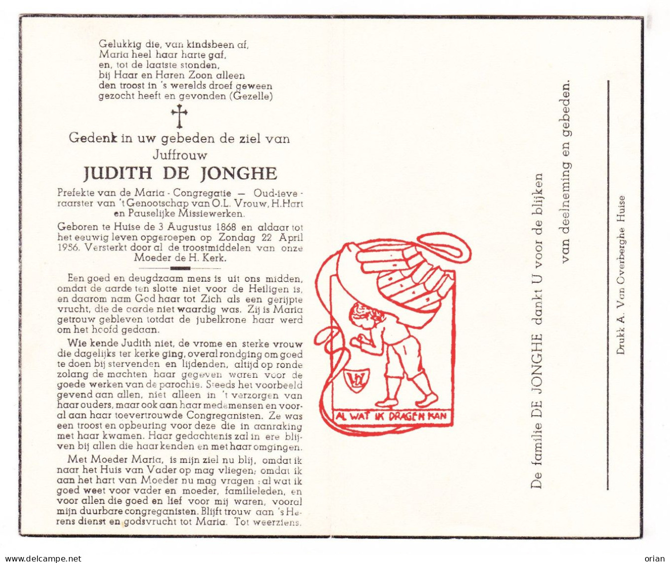 DP Juff. Judith De Jonghe ° Huise Zingem 1868 † 1956 // G. Gezelle - Devotion Images