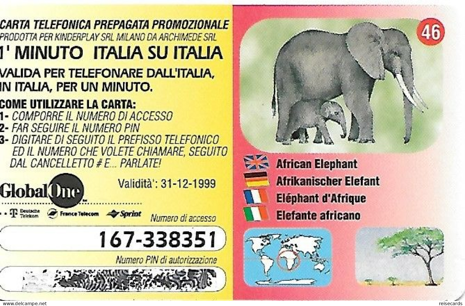 Italy: Prepaid GlobalOne - Save The Planet 46, Afrikanischer Elefant - [2] Handy-, Prepaid- Und Aufladkarten