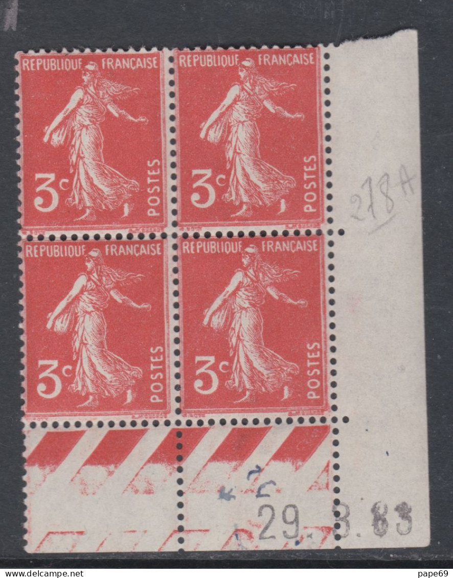 France N° 278A XX Type Semeuse : 3 C. Rouge-orange En Bloc De 4 Coin Daté Du 29 .3 . 33 ; Ss Point, Sans Charnière, TB - 1930-1939