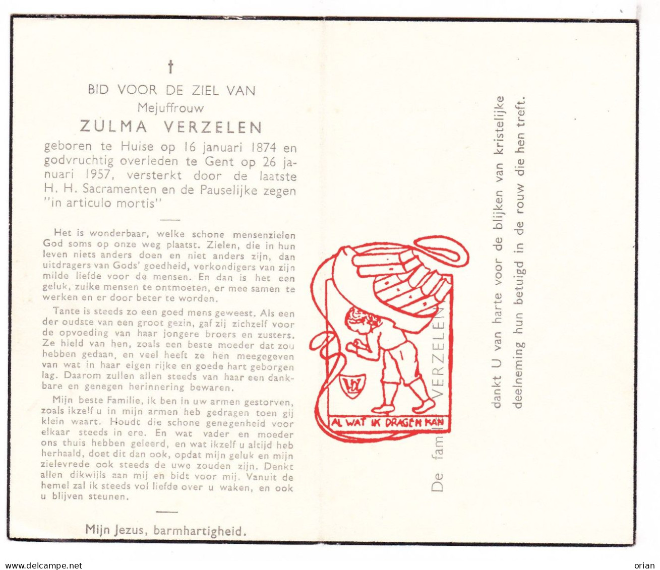 DP Juff. Zulma Verzelen ° Huise Zingem 1874 † Gent 1957 - Images Religieuses