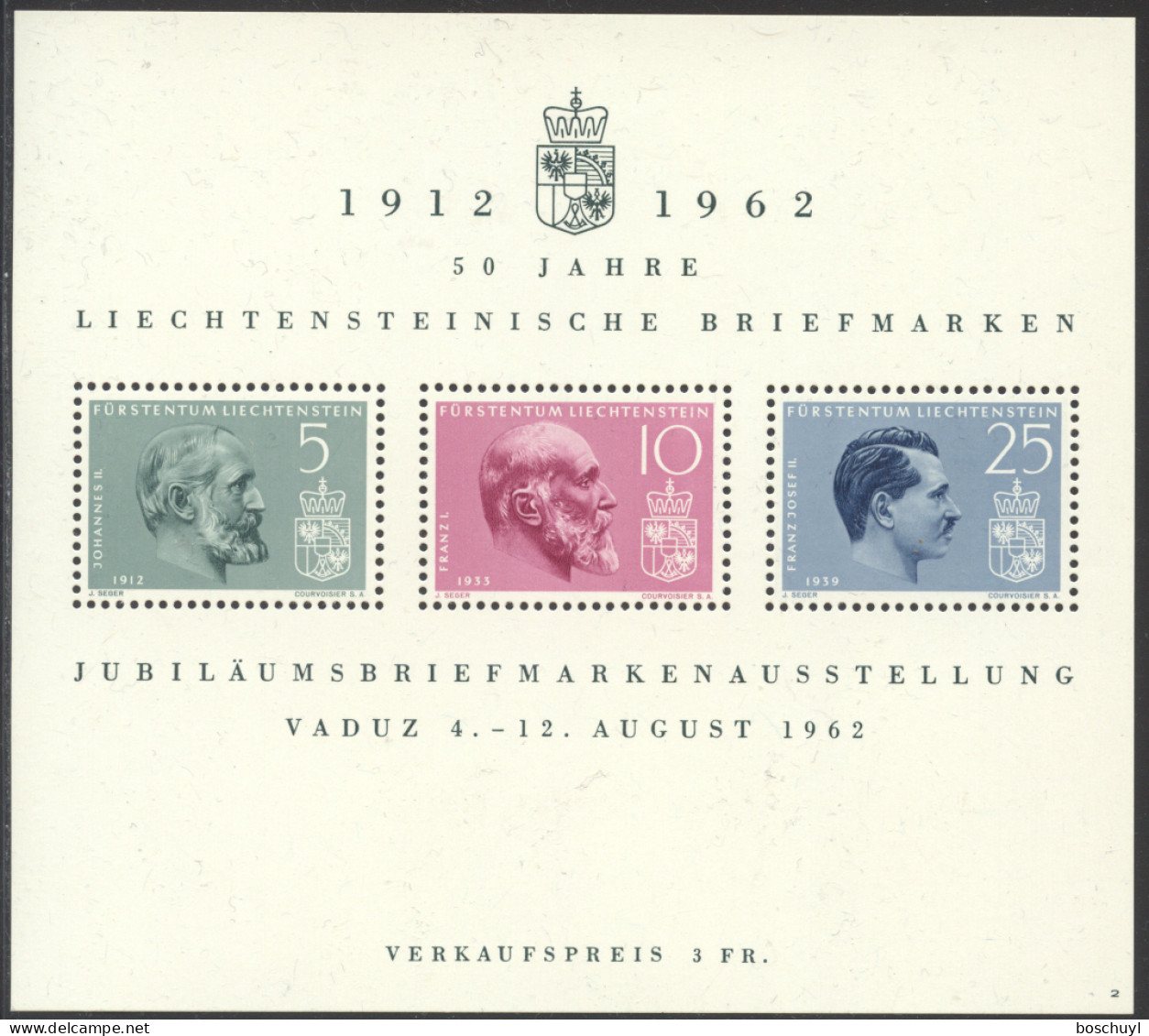 Liechtenstein, 1962, Vaduz Philatelic Exhibition, Kings, Royal, Nr 2, MNH, Michel Block 6 - Blocks & Sheetlets & Panes