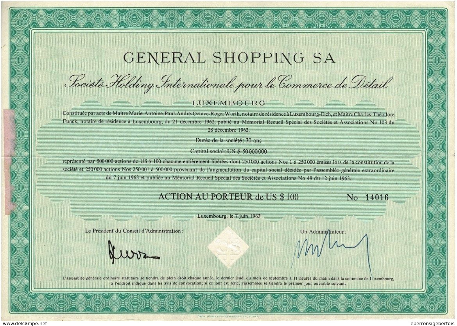 Titre De 1963 - General Shopping S A - Société  Holding Internationale Pour Le Commerce De Détail - Luxembourg -EF - Banco & Caja De Ahorros