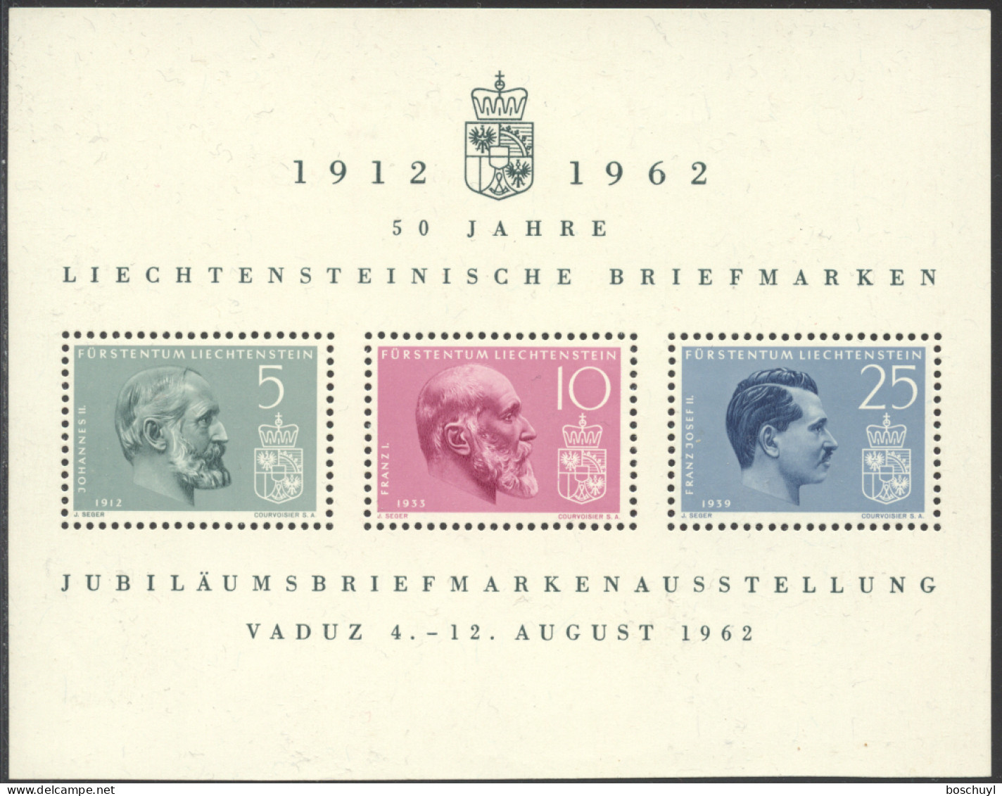 Liechtenstein, 1962, Vaduz Philatelic Exhibition, Kings, Royal, Shortened Sheet, MNH, Michel Block 6 - Blocks & Kleinbögen