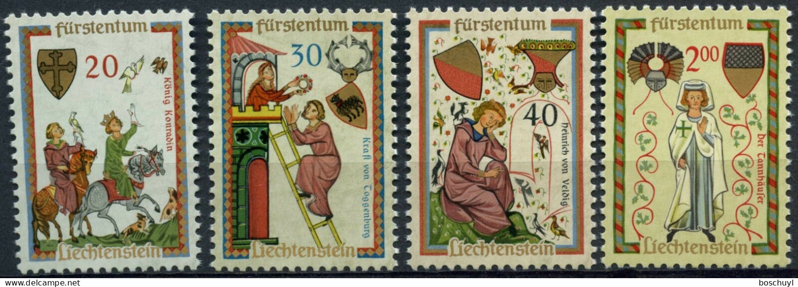 Liechtenstein, 1962, Minnesingers, Medieval Scenes, MNH, Michel 420-423 - Unused Stamps