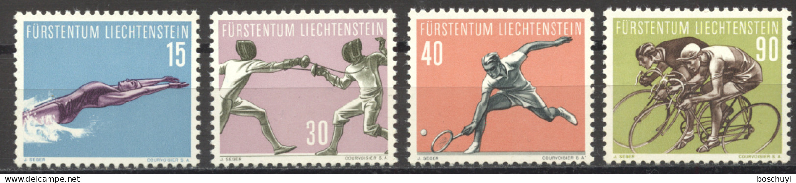 Liechtenstein, 1958, Swimming, Fencing, Tennis, Cycling, Sports, MNH, Michel 365-368 - Ongebruikt