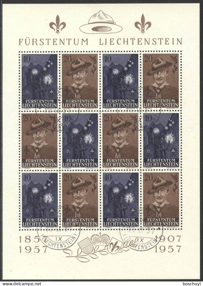 Liechtenstein, 1957, Scouting, Scouts, Baden-Powell, Nr 2, FD Cancelled Sheet, Full Gum, Michel 360-361 - Usados