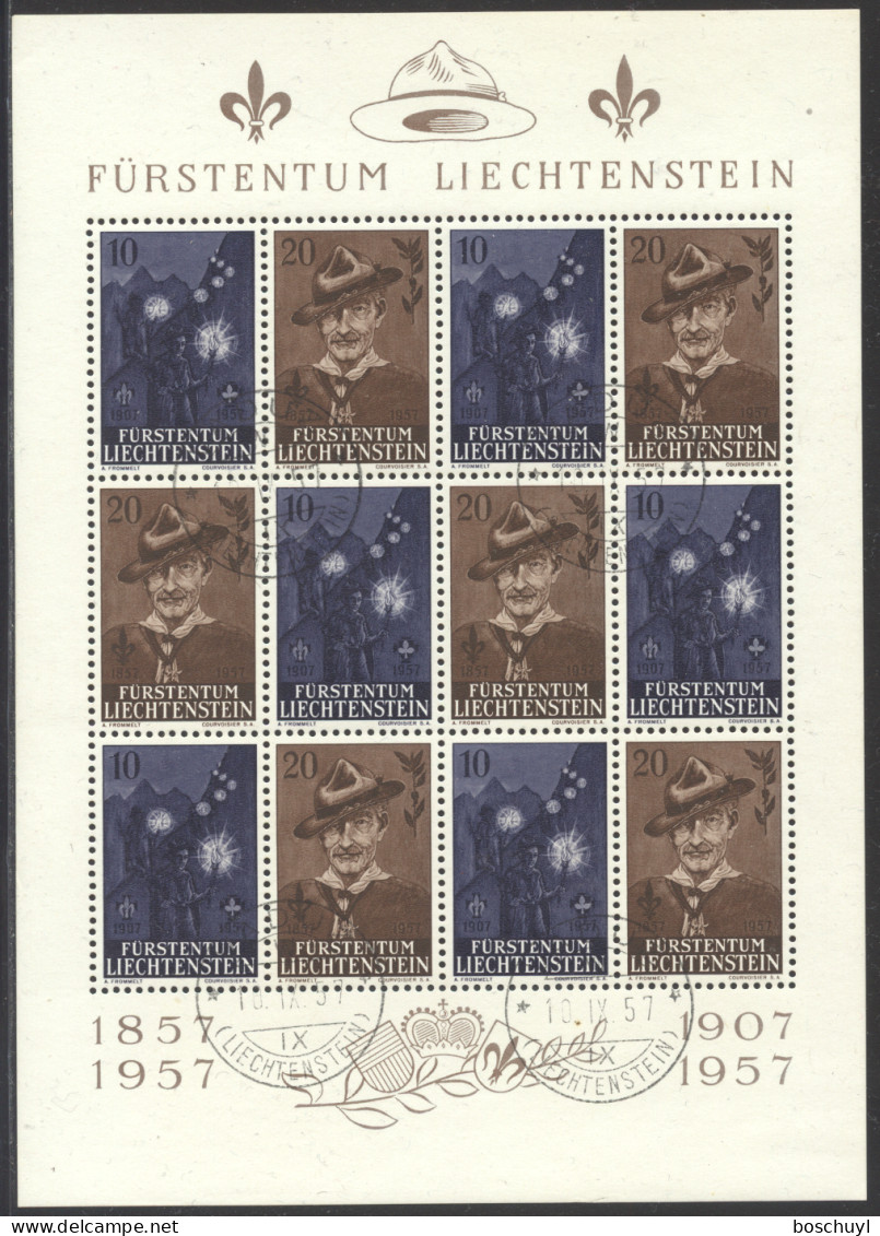 Liechtenstein, 1957, Scouting, Scouts, Baden-Powell, Nr 1, FD Cancelled Sheet, Full Gum, Michel 360-361 - Oblitérés