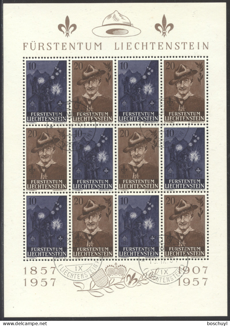 Liechtenstein, 1957, Scouting, Scouts, Baden-Powell, Nr 1, FD Cancelled Sheet, Full Gum, Michel 360-361 - Gebruikt