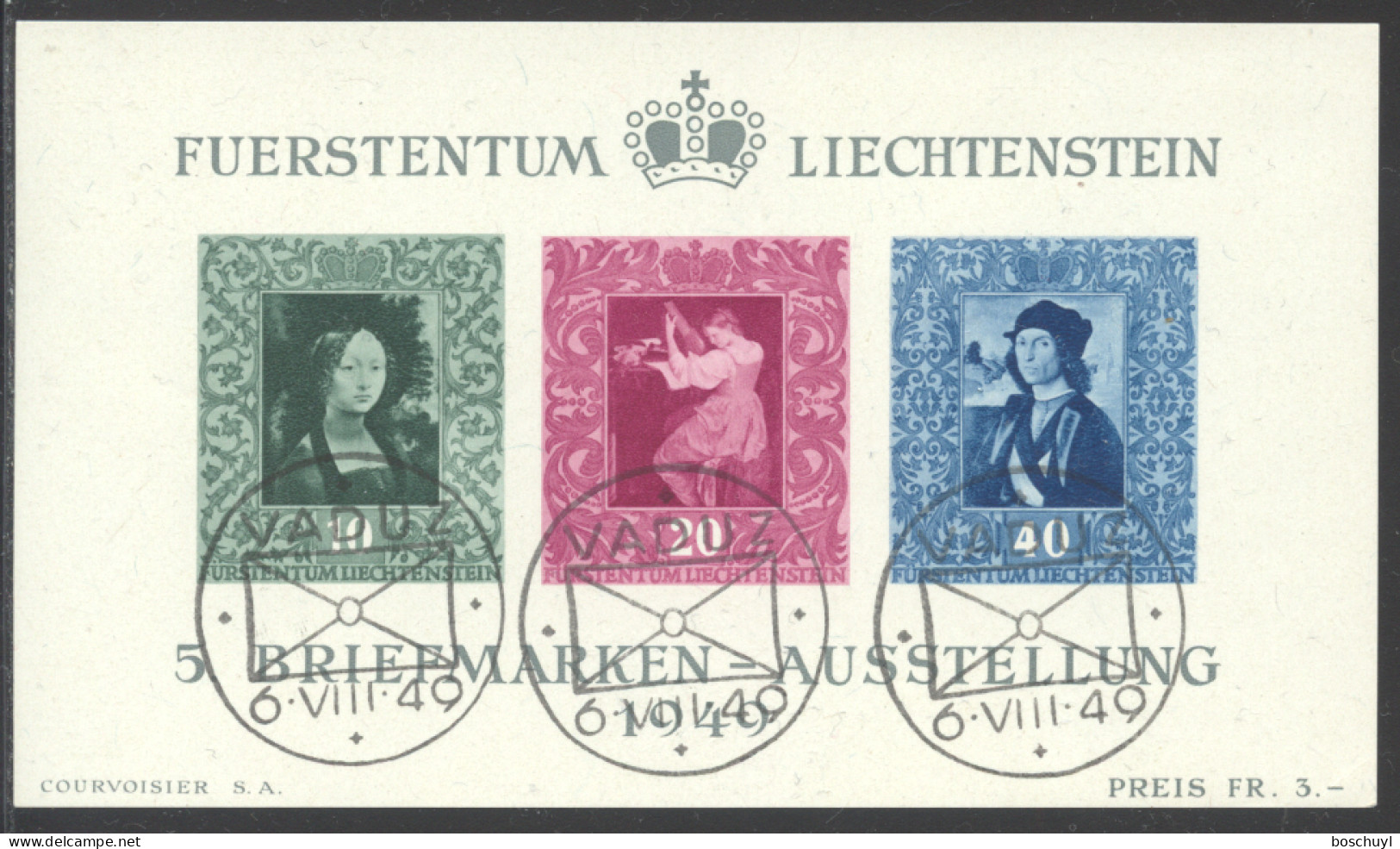 Liechtenstein, 1949, Paintings, Da Vinci, Raffael, Art, Vaduz Philatelic Exhibition, FD Cancelled, Gum, Michel Block 5 - Blocs & Feuillets