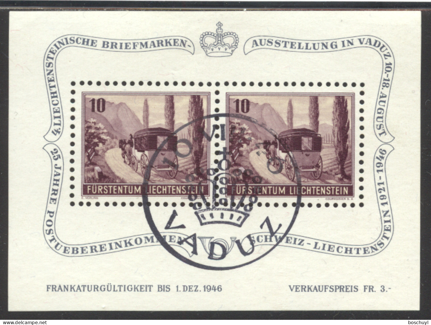 Liechtenstein, 1946, Coach, Horses, Postal Treaty, Philatelic Exhibition, Used, Michel Block 4 - Blocks & Kleinbögen