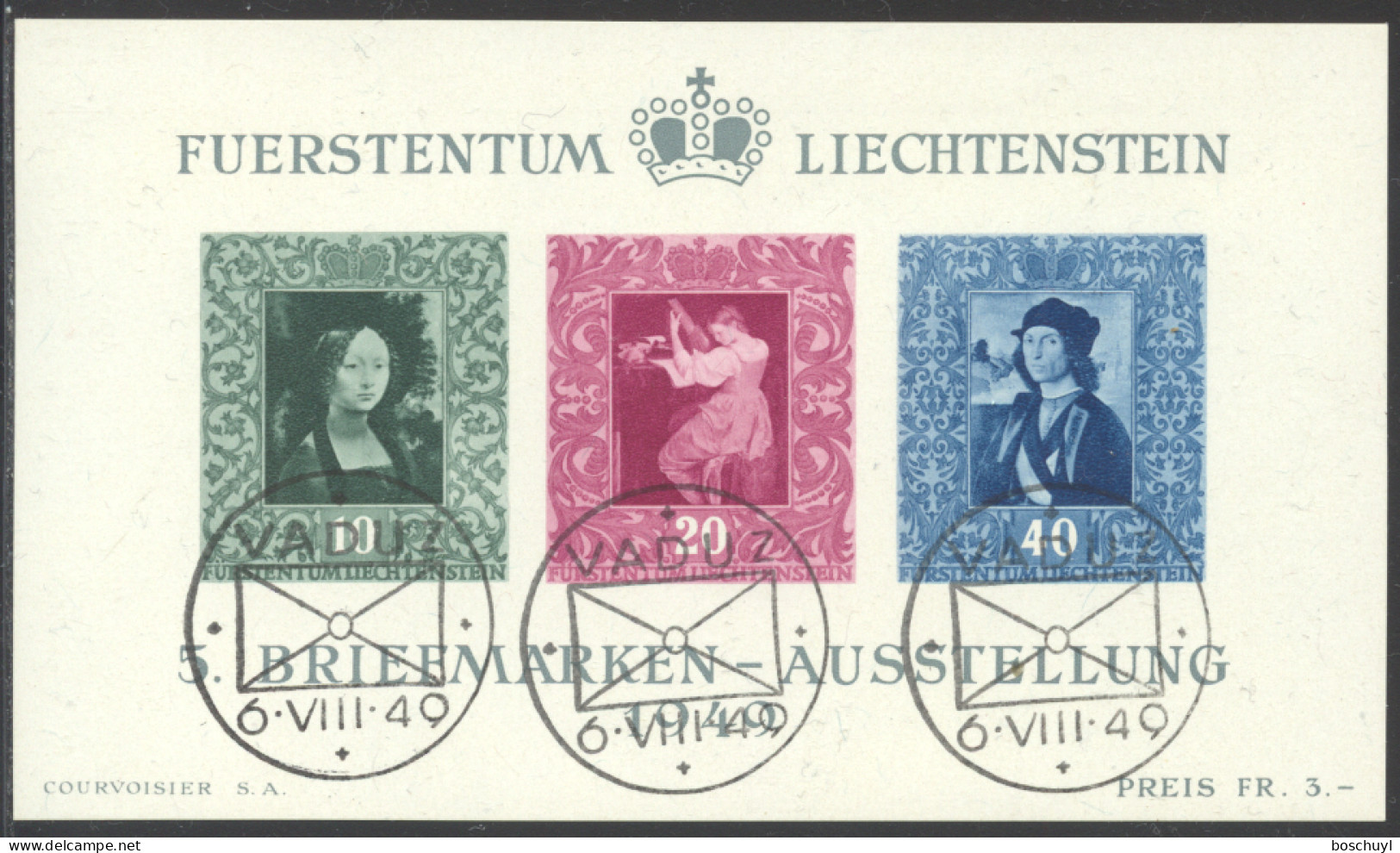 Liechtenstein, 1949, Paintings, Da Vinci, Raffael, Art, Vaduz Philatelic Exhibition, FD Cancelled, Gum, Michel Block 5 - Blocks & Sheetlets & Panes